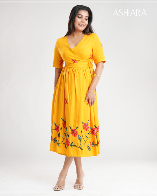 NEERA EMBROIDERED WRAP MIDI DRESS