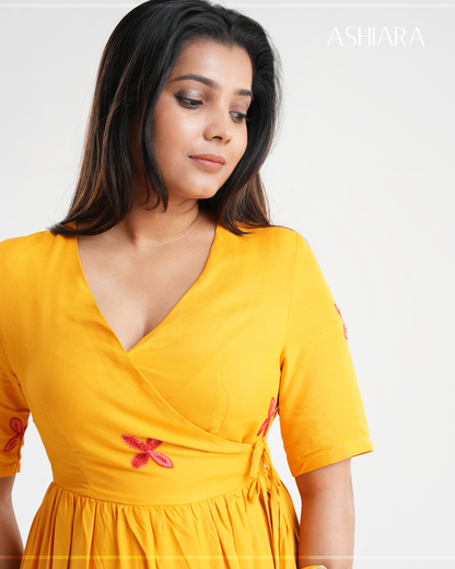 NEERA EMBROIDERED WRAP MIDI DRESS